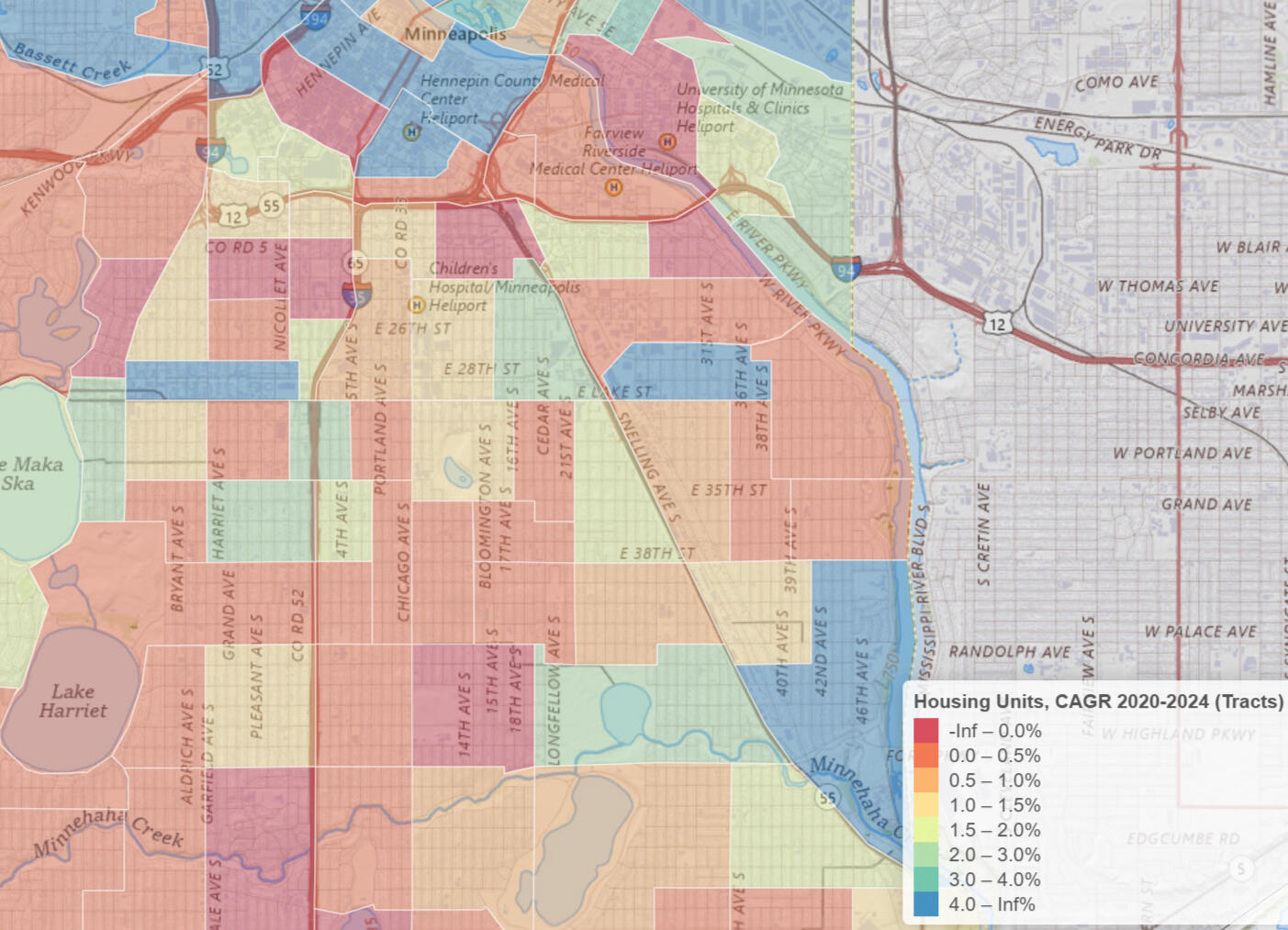 Housing Growth 2020-2024 for Minneapolis Census Tracts